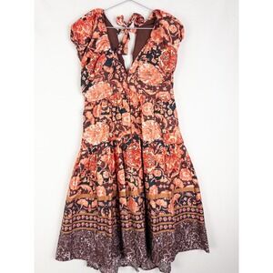 Anthropologie Baby Doll Plunge Dress 4P Smoked Floral Printed Ruffle V Neck